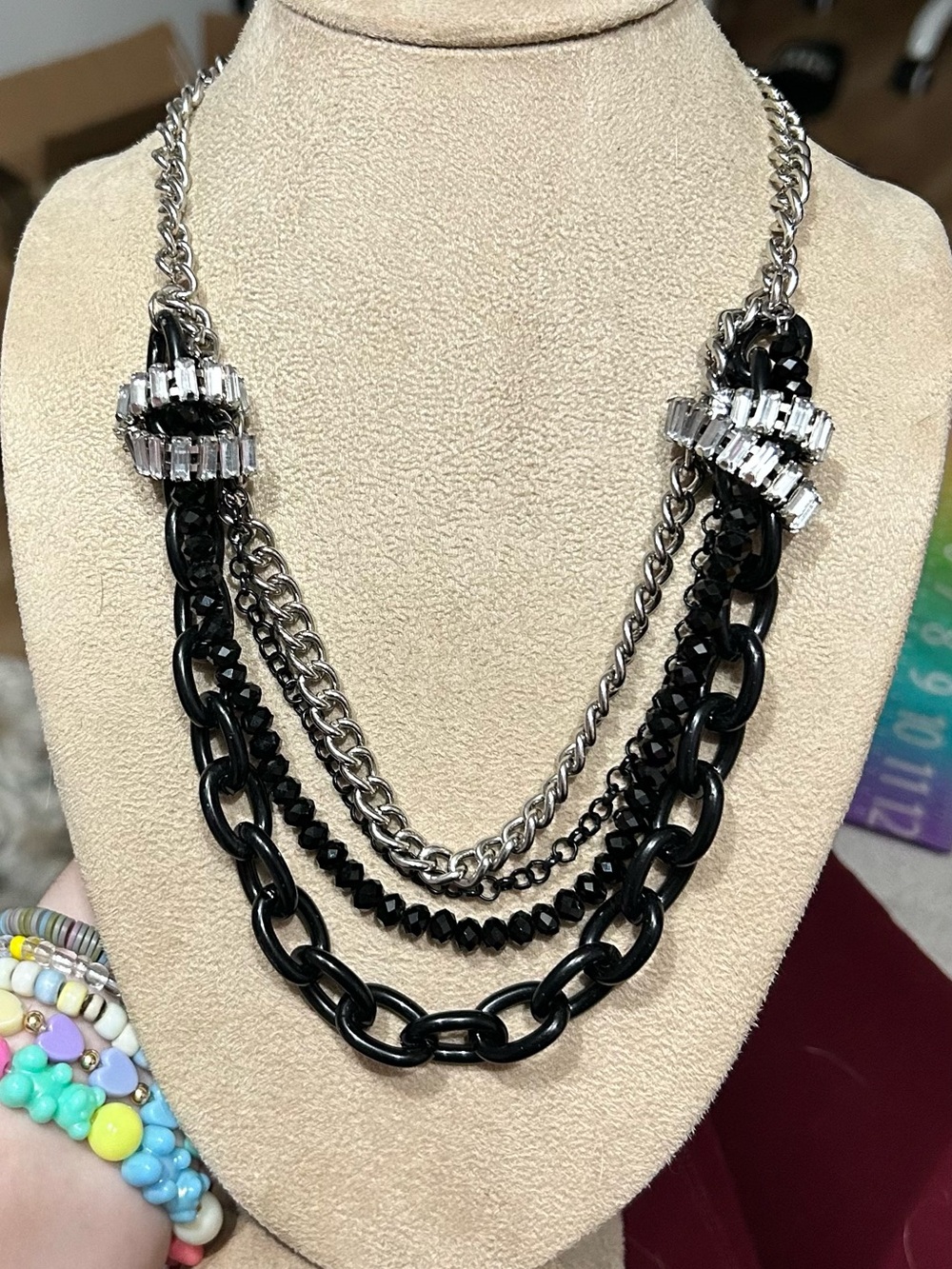 Steve Madden Black & Silver Multi-Strand Statement Necklace Rhinestone Accents